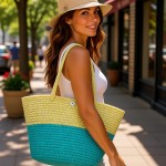 Straw Tote: Woven Wheat Straw Tote - 2 Tones - Turquoise - BG-R11053TQ